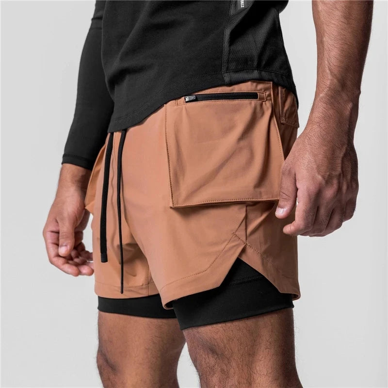 Shorts dobles para hombre con bolsillo expuesto